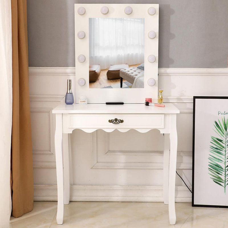 House Of Hampton Makeup Vanity W 10 Warm Led Lights Square Mirror White Wayfair Ca