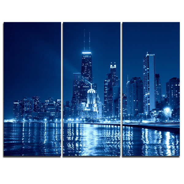 Ebern Designs Blue Chicago Skyline Night 3 Piece Graphic Art On