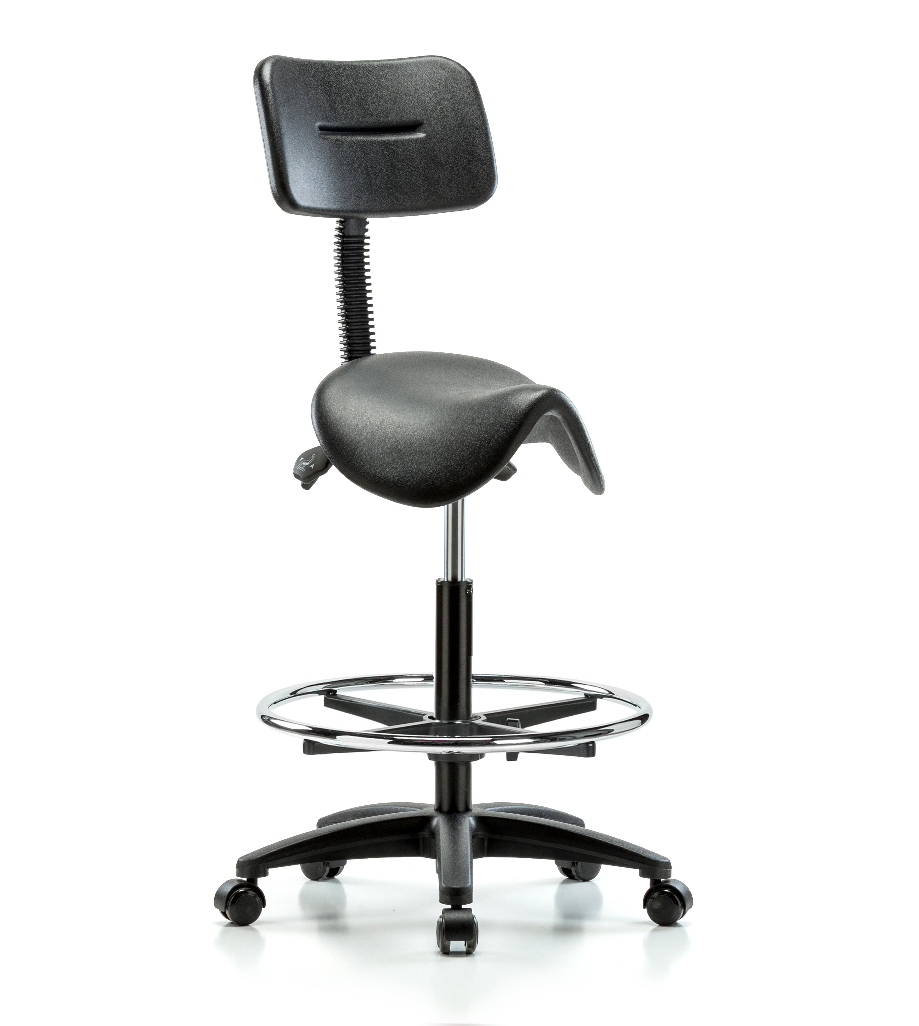 height adjustable saddle stool with back and foot ring