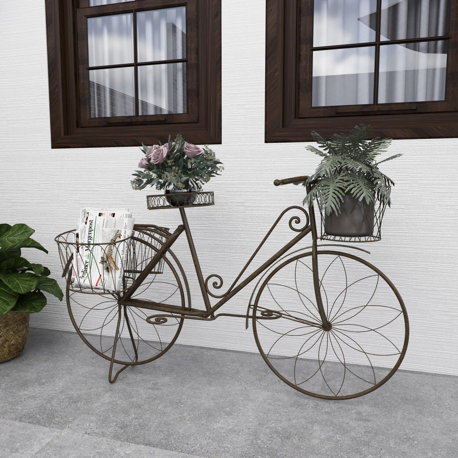 Metal Bicycle with flower Hanger Wall Art Yard Outdoor Lawn Garden Decor 