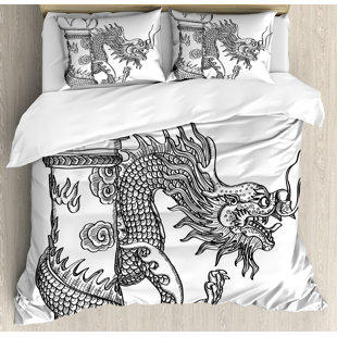 Go to store & view more images East Urban Home Dragon Chinese Style Sacred Creature Statue Sketch Medieval Monster Fantasy Tattoo Image Duvet Set