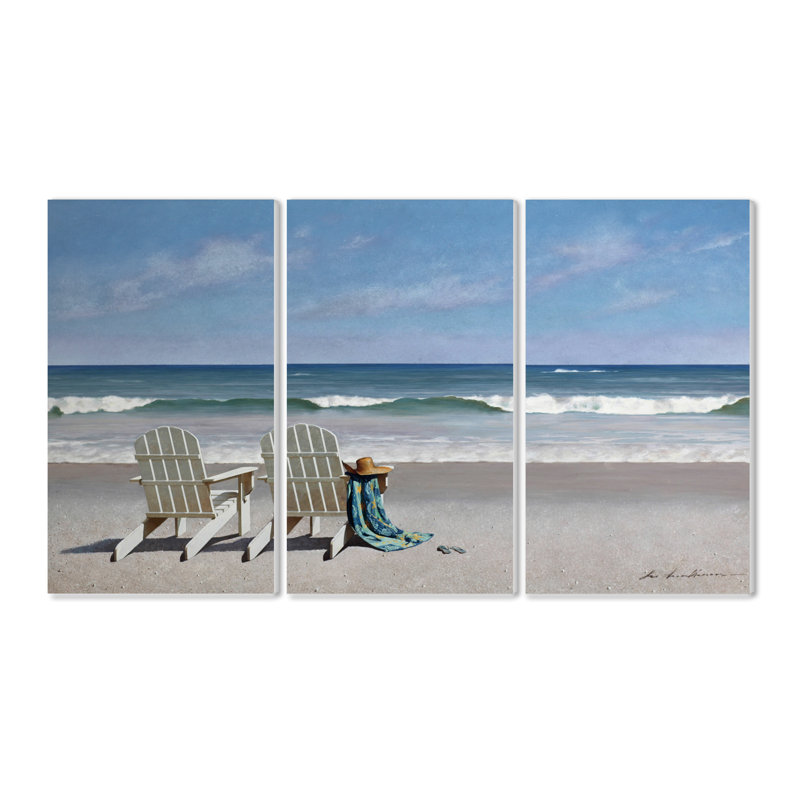 Highland Dunes Two White Adirondack Chairs With Towel On The Two White Adirondack Chairs With Towel