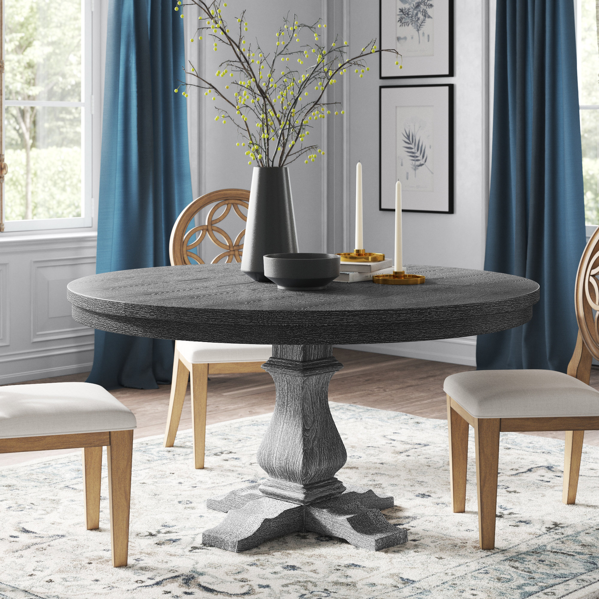 gray round pedestal dining table