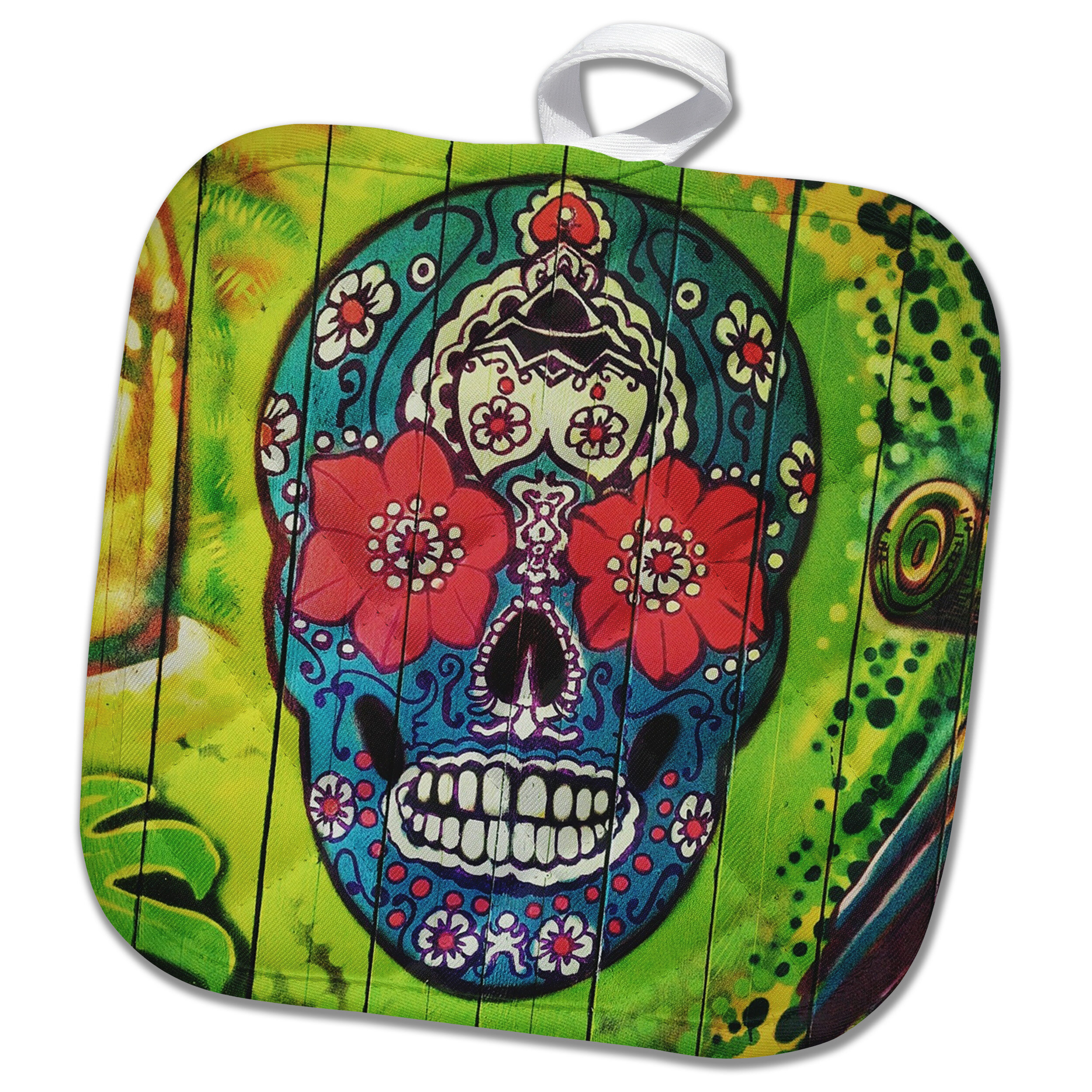 3drose Image Of Day Of Dead Skull Painted On Lime Door Potholder