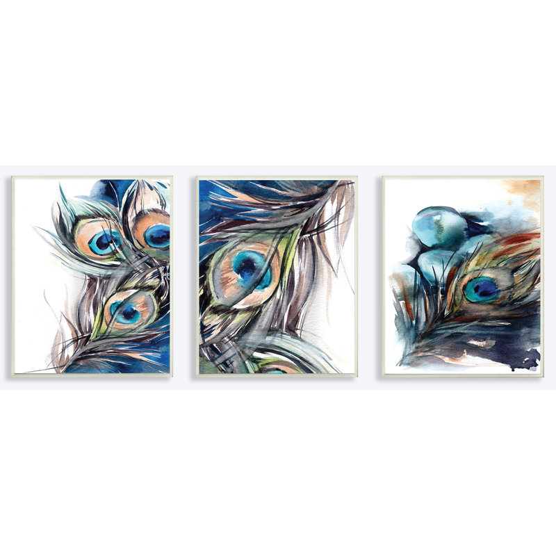Ebern Designs Abstract Peacock Feather 3 Piece Lithograph Print