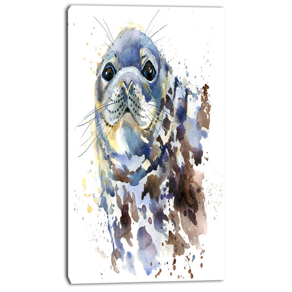 Designart Blue Marine Seal Watercolor Painting Print On Wrapped