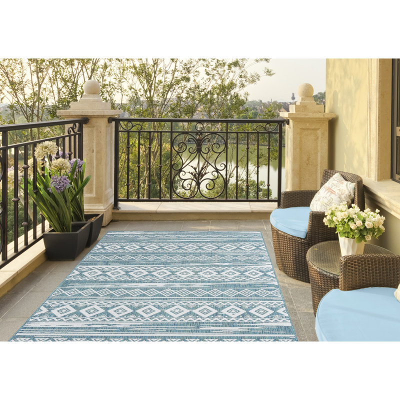 Union Rustic Eveloe All Weather Tribal Motif Blue Indoor Outdoor