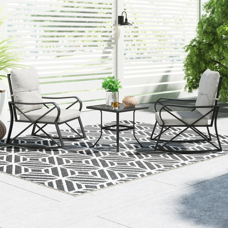 Ebern Designs 3 Piece Outdoor Patio Furniture Dark Grey Rocking Chairs Bistro Set W Warm Grey Cushions Glass Top Table For Garden Pool Backyard Reviews Wayfair Ca