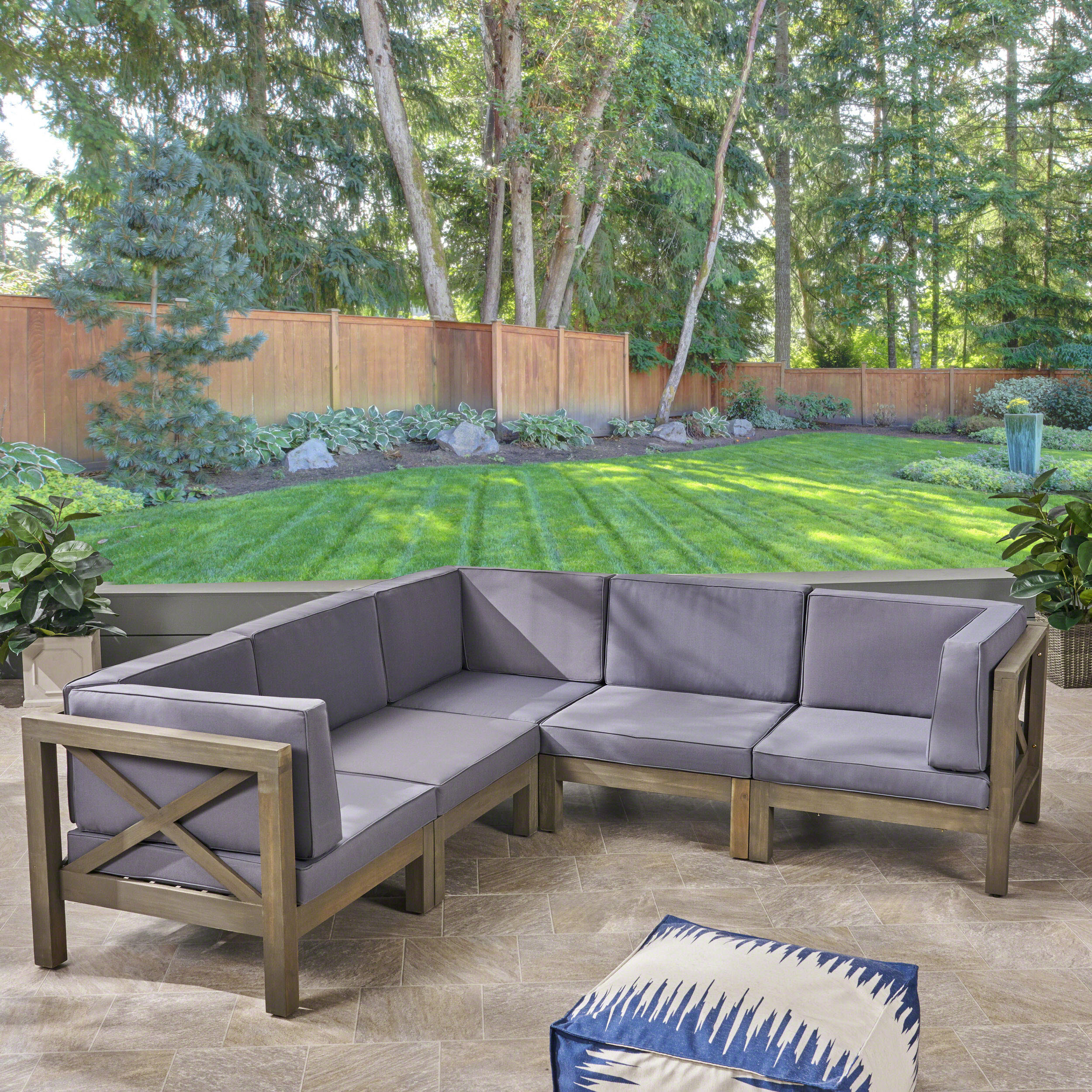 wood patio sectional with cushions