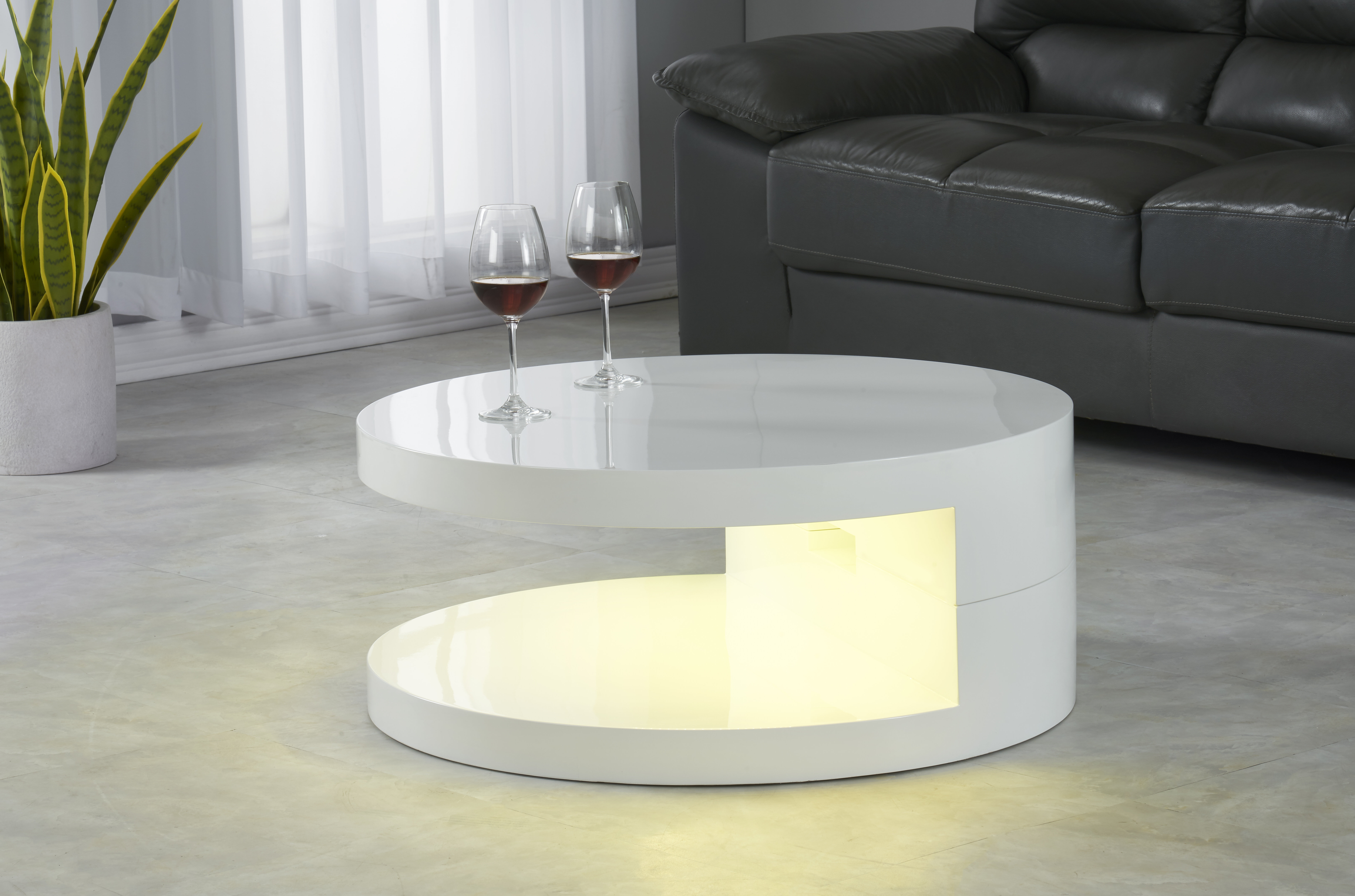 High Gloss Coffee Table With LED Light Storage Side Table White Unit Living Room
