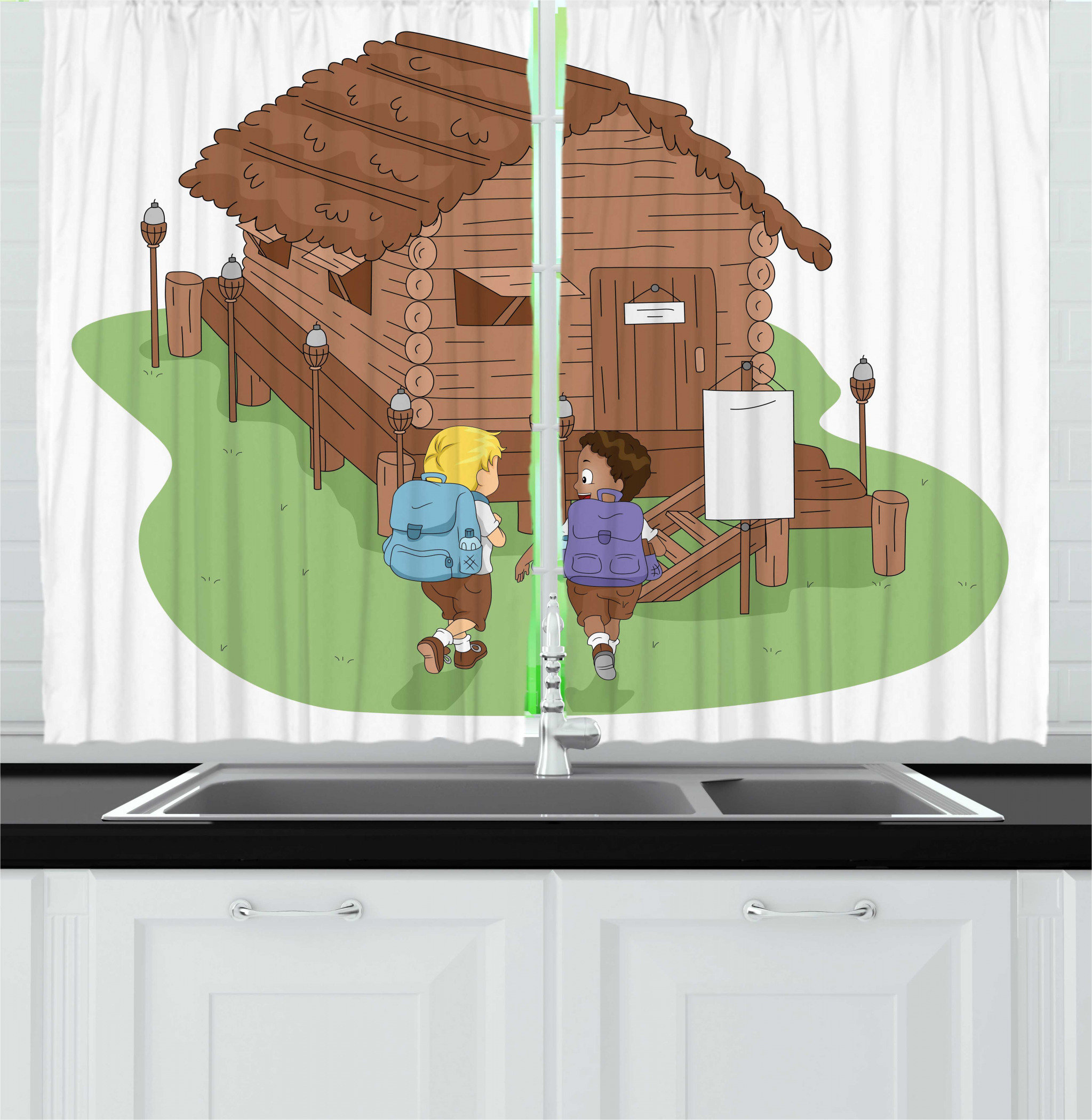 East Urban Home 2 Piece Log Cabin Cartoon Description On Plain