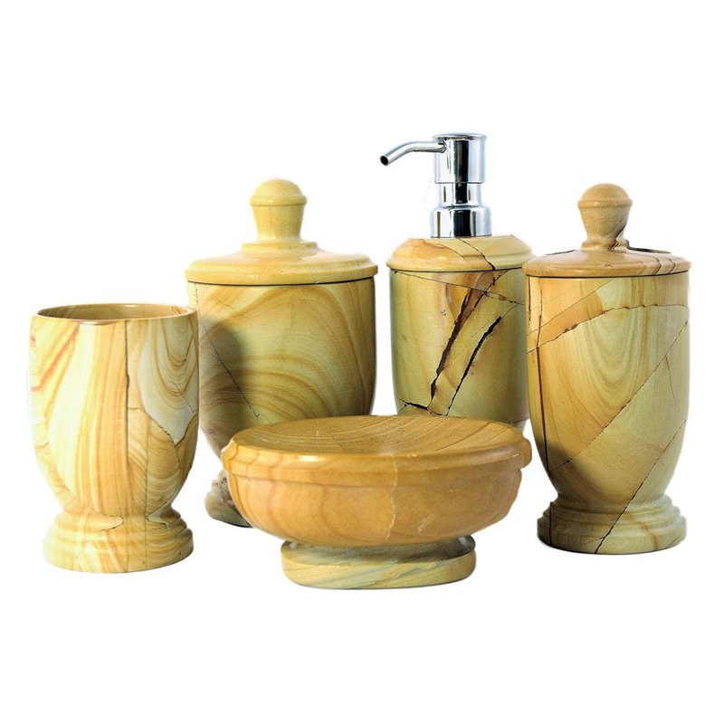 Nature Home Decor Atlantic Teakwood Marble 5-Piece Bathroom Accessory Set | Wayfair