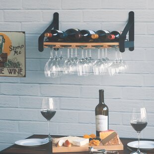 Dark Brown Wall Mounted Wine Racks Hangers for 6 Wine Glasses 8 Bottles 