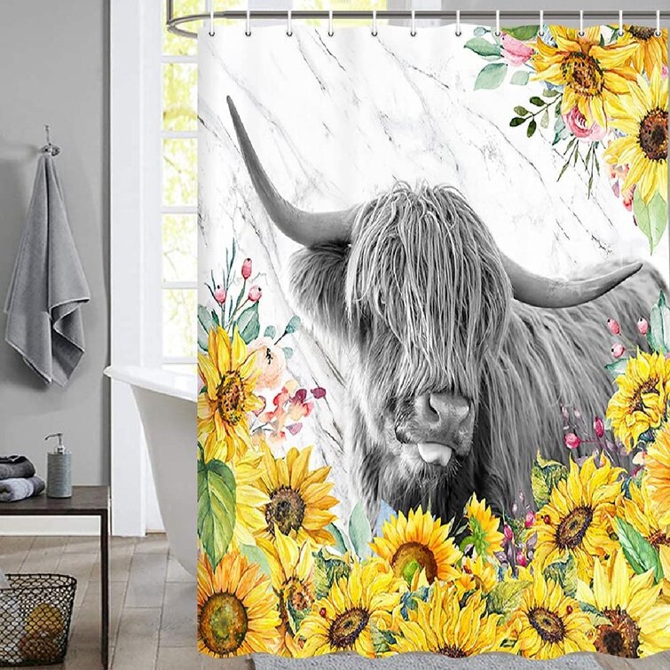 Watercolor Funny Highland Cow Sunflower Flower Shower Curtain Set Bathroom Decor 