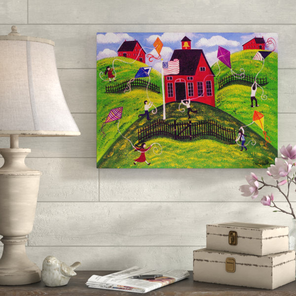 August Grove Old Red School House Kite Day Acrylic Painting