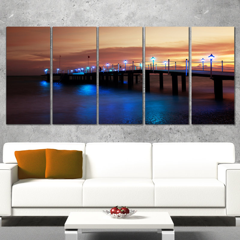 Designart Blue Waters And Bridge At Sunset 5 Piece Wall Art On Wrapped Canvas Set Wayfair