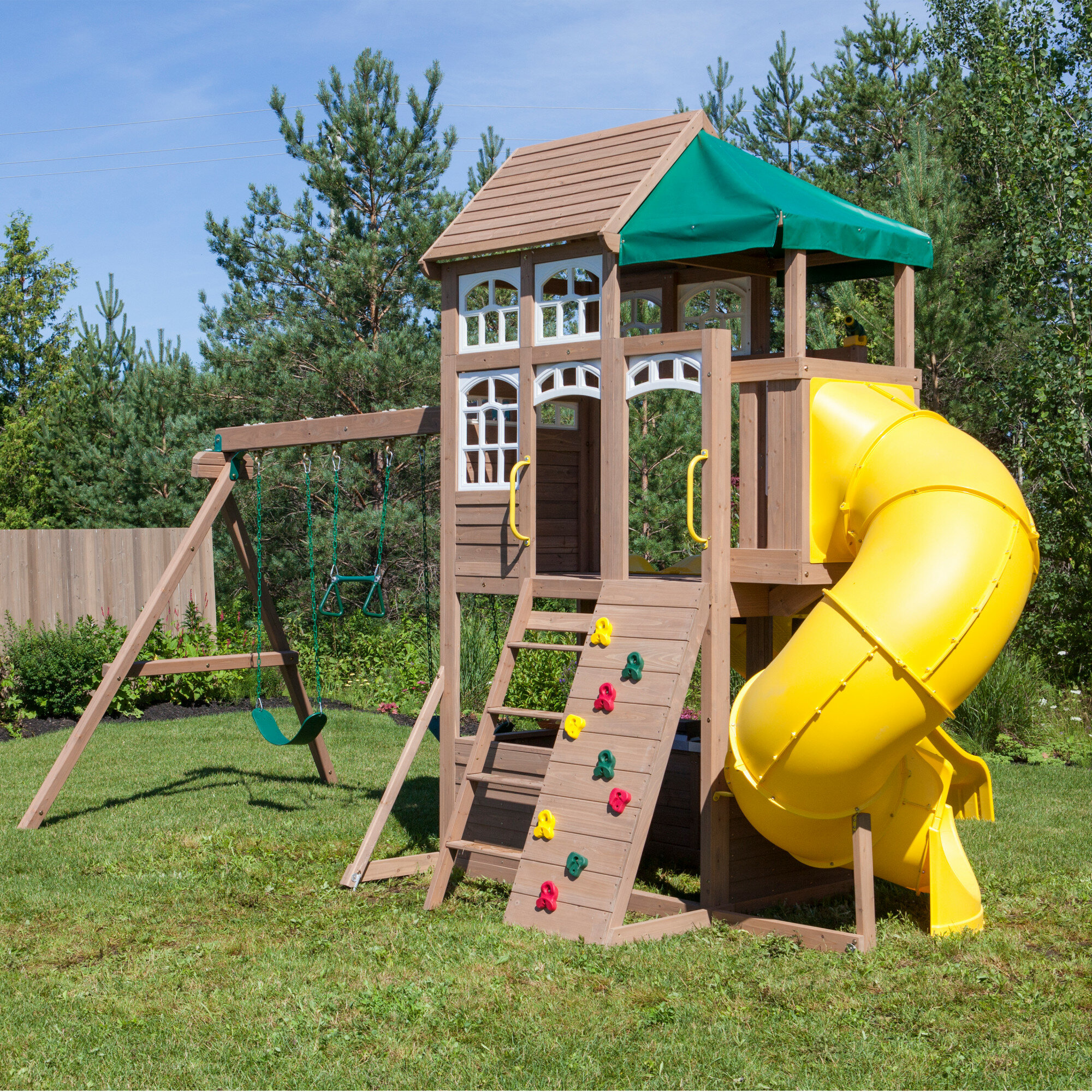 wooden lookout playhouse with slide