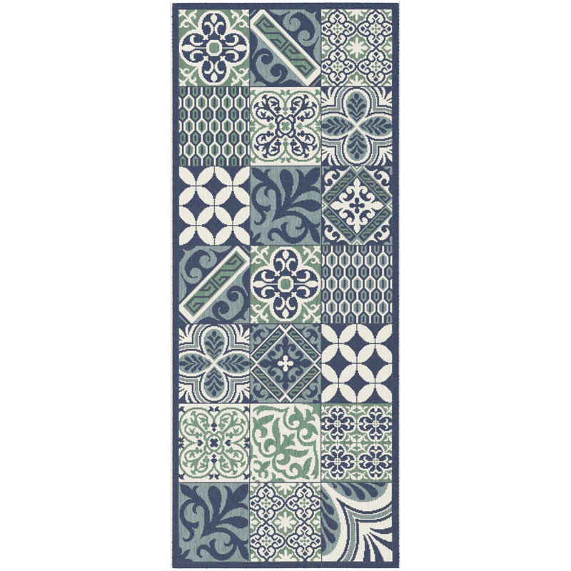 World Menagerie Chavez Tile Kitchen Runner Flatweave Blue Green