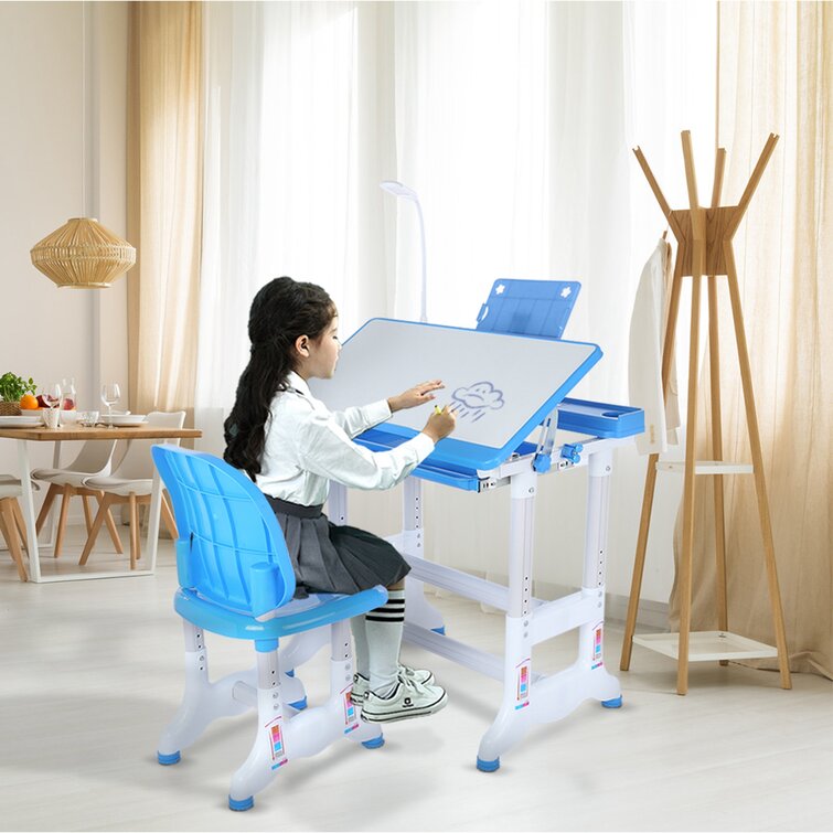 Kids Study Height Adjustable Desk Chair Set Pull Out Drawer With Tilted Desktop 