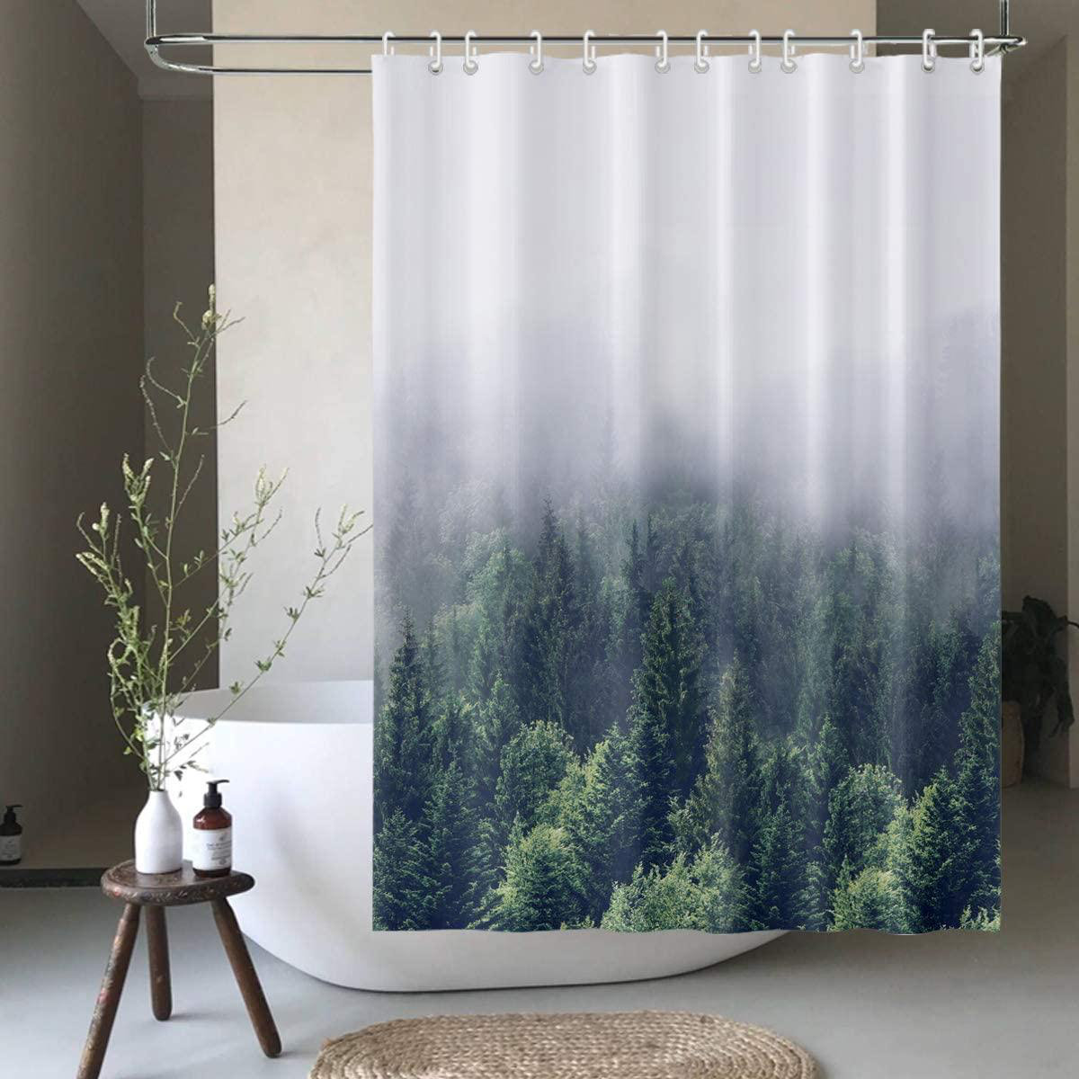 Forest Pine Trees Shower Curtain Sets Waterproof Polyester Fabric with 12 Hooks 