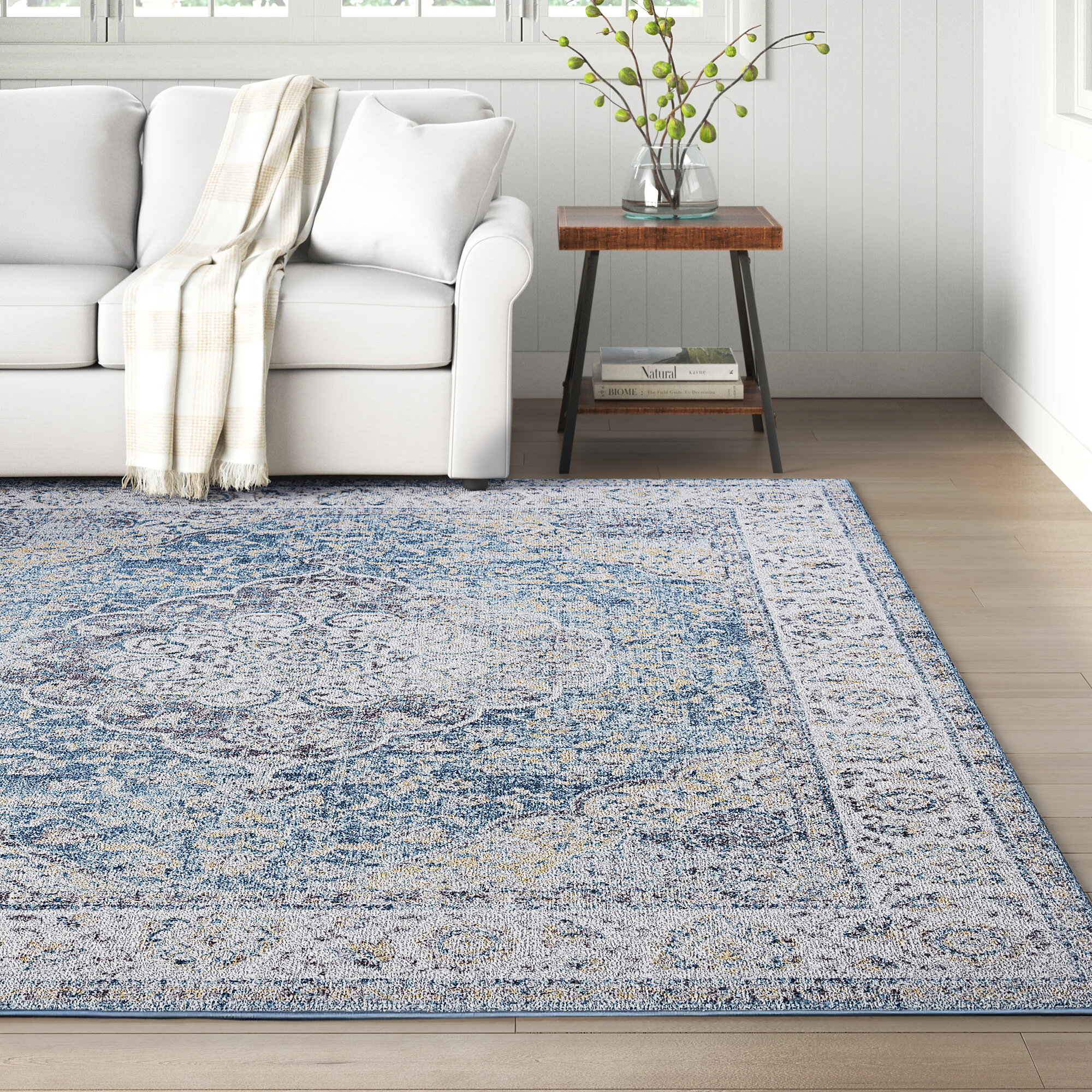 Silver Blue Medallion Traditional Rugs Dining Room Lounge Large Small Runner Mat