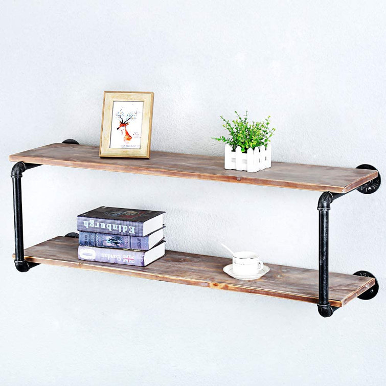 Industrial Pipe Shelf Wall Mount Wooden Display Shelving Floating Storage Retro 