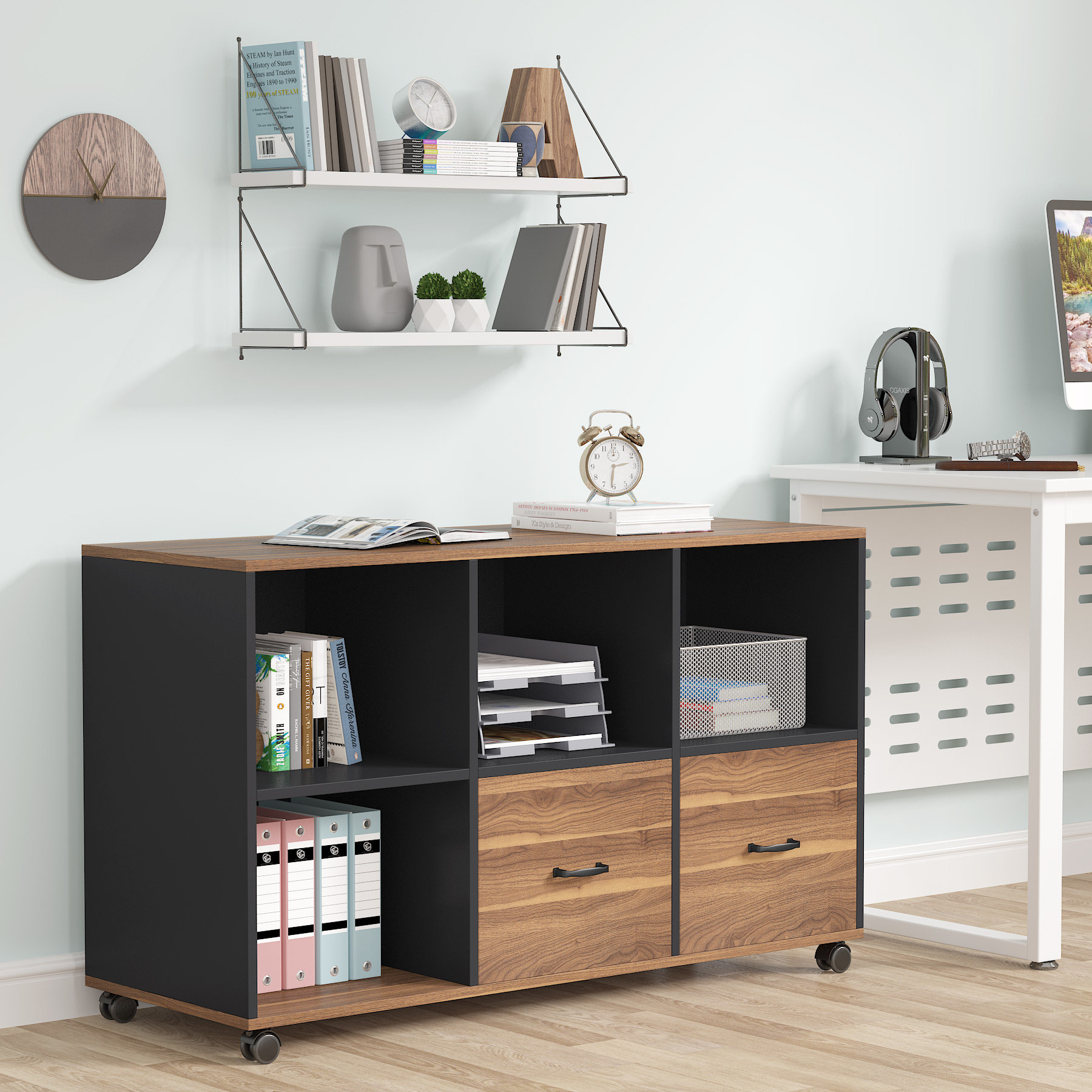 Open Storage Shelves with Adjustable Shelf Mobile Lateral Filing Cabinet,Large Desktop for Printer/Scanner with Wheels 