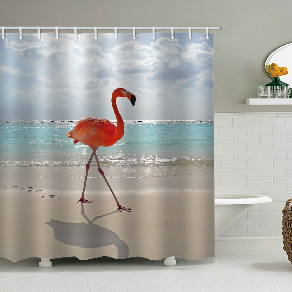 Christmas Flamingo Bathroom Decor Shower Curtain Liner Waterproof Fabric & Hooks 