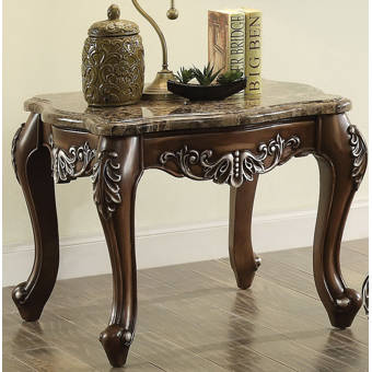 Astoria Grand Sturdivant Marble Top With Motif Engraved Angular Wood Feet End Table Wayfair Ca