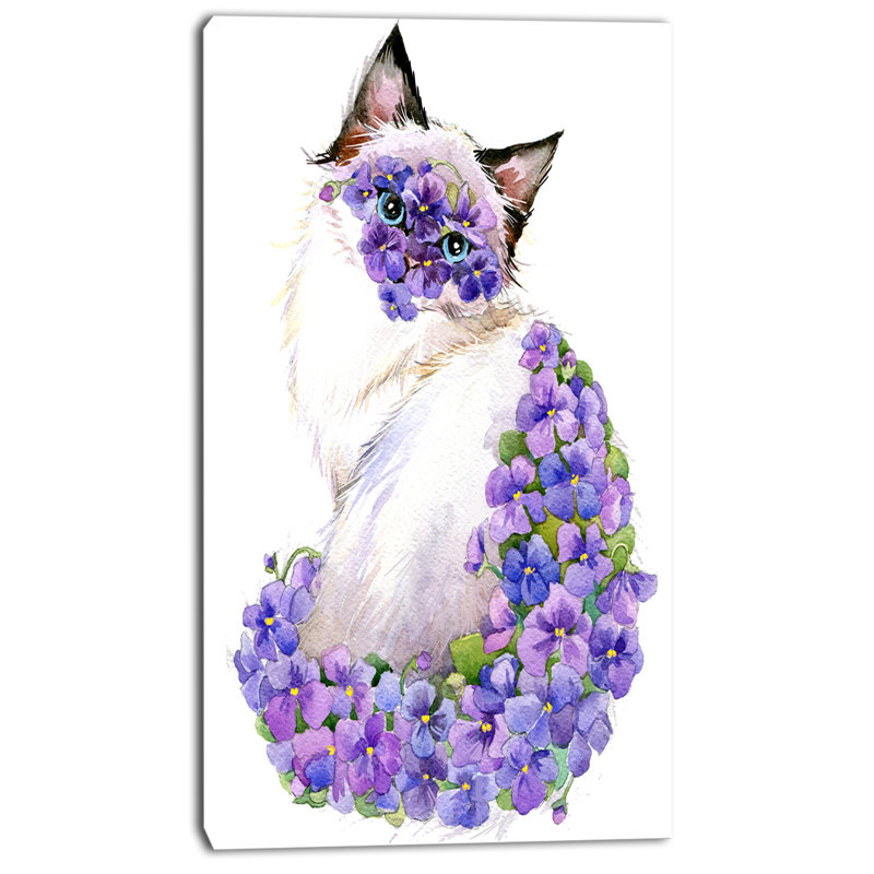 Ebern Designs Cute Cat With Blue Flowers Painting Print On