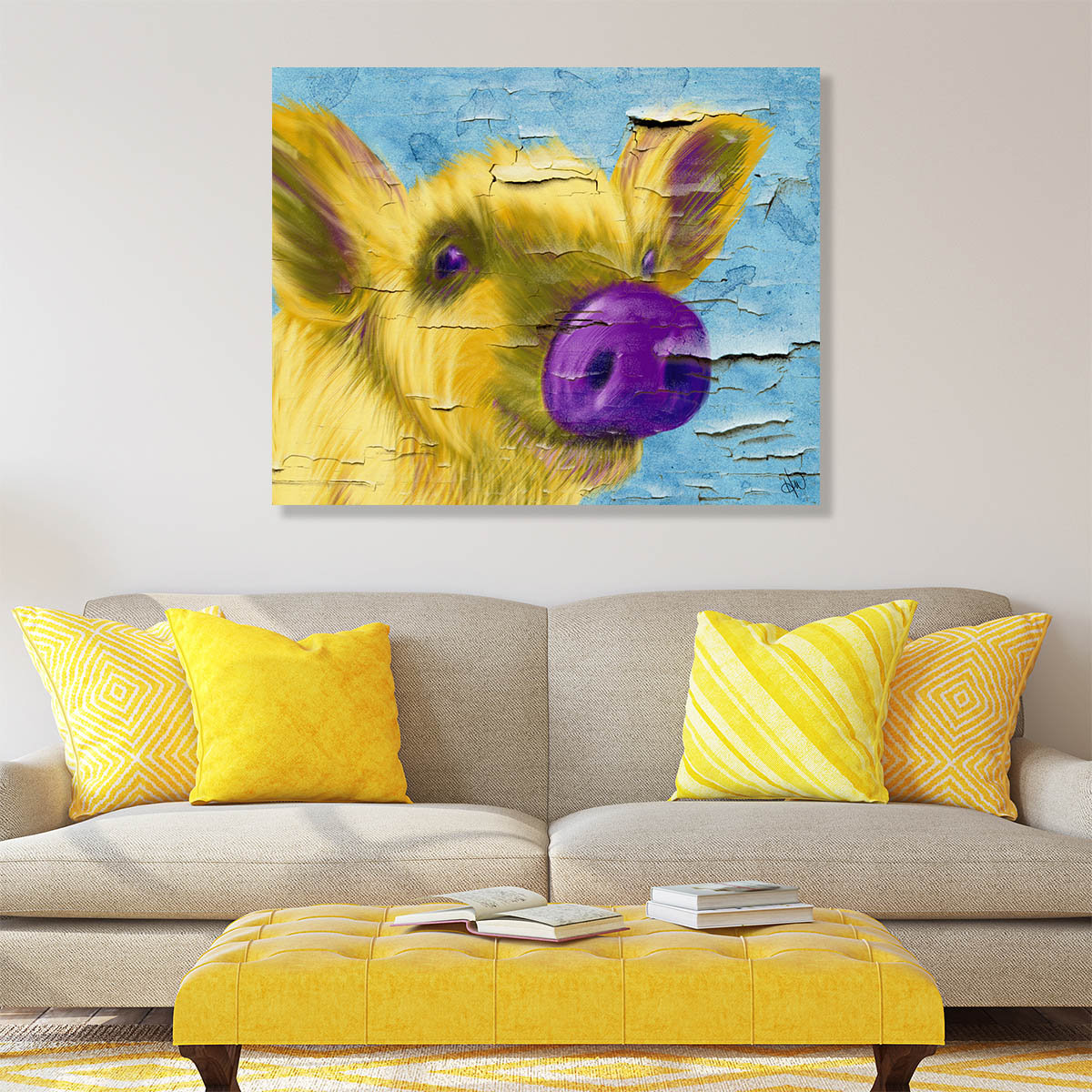 Kathy Ireland Home Purple Nosed Pig On Peeling Paint - Painting | Wayfair