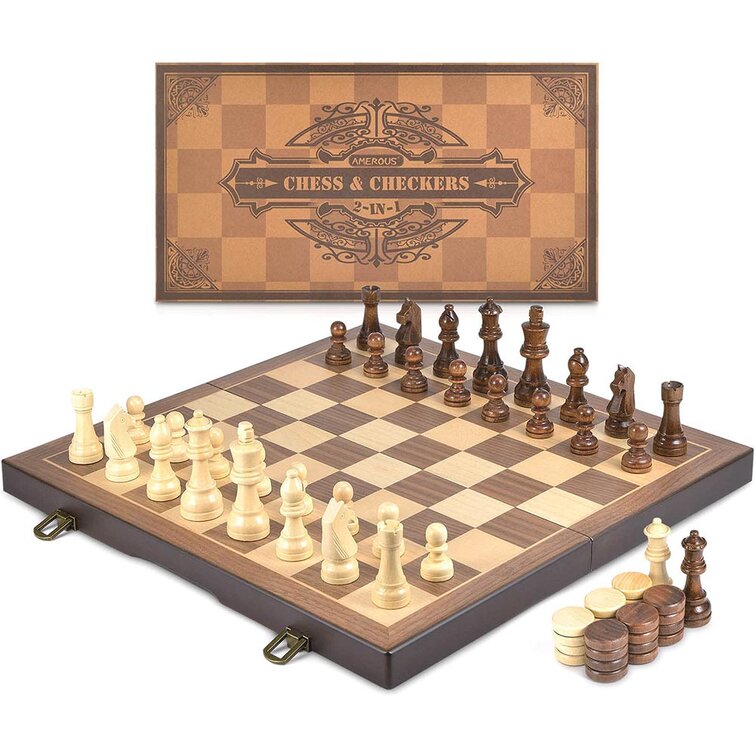 Folding Wooden Chess Board and Two Type Draughts Round Pieces Set Board Game