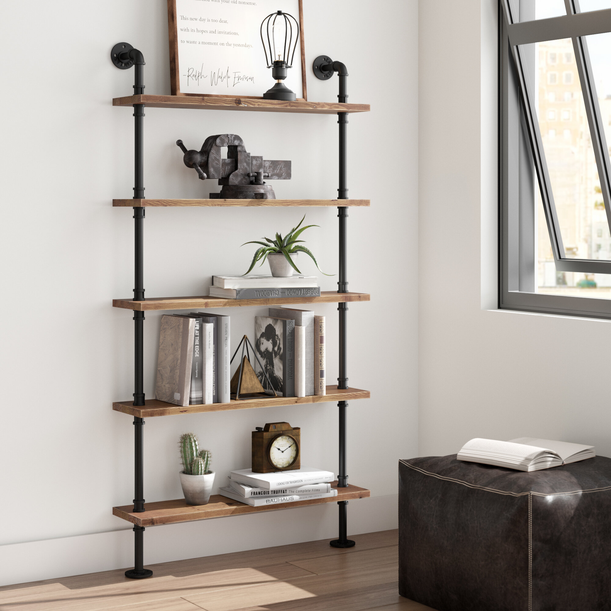2 Tier Industrial Style Wall Mounted Wood & Metal Shelves W 3 Faucet Desig Black 