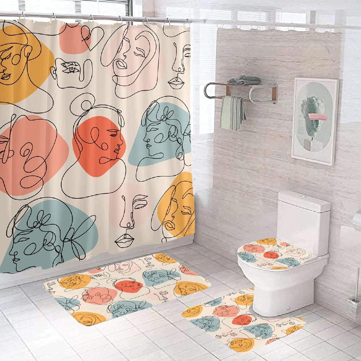 Bathroom Accessory Sets Non-Slip Carpet Lid Toilet Cover Bath Mat Shower Curtain 
