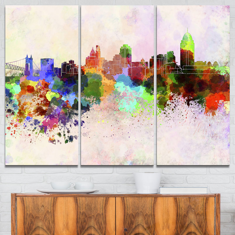 Designart Cincinnati Skyline 3 Piece Graphic Art On Wrapped Canvas Set Wayfair