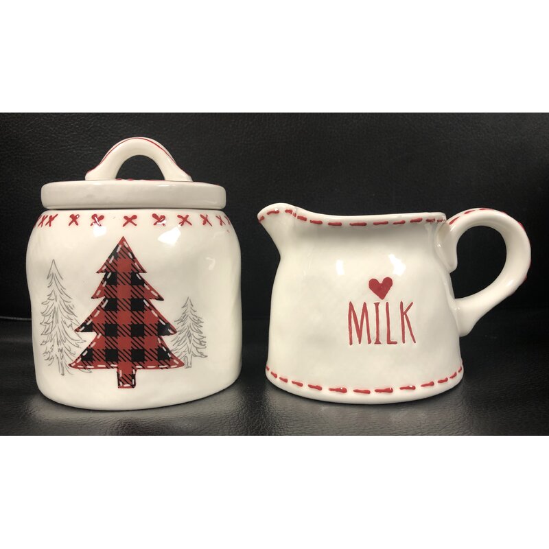 Christmas Tableware Ceramic Santa Plaid Festive Design Sugar Bowl /& Cream Jug