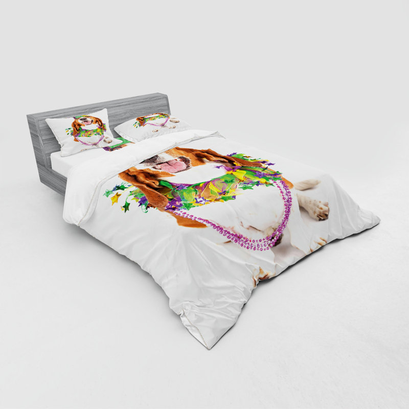 East Urban Home Mardi Gras Happy Smiling Basset Hound Dog Wearing A Jester Hat Neck Garland Bead Necklace Duvet Cover Set Wayfair Ugly christmas sweater pug dog jester hat shoes jingle bell elf size xxl nwt. wayfair com