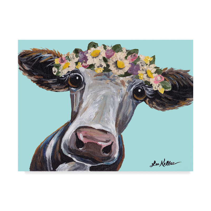 August Grove Cow Cora Flower Crown Blue Acrylic Painting Print