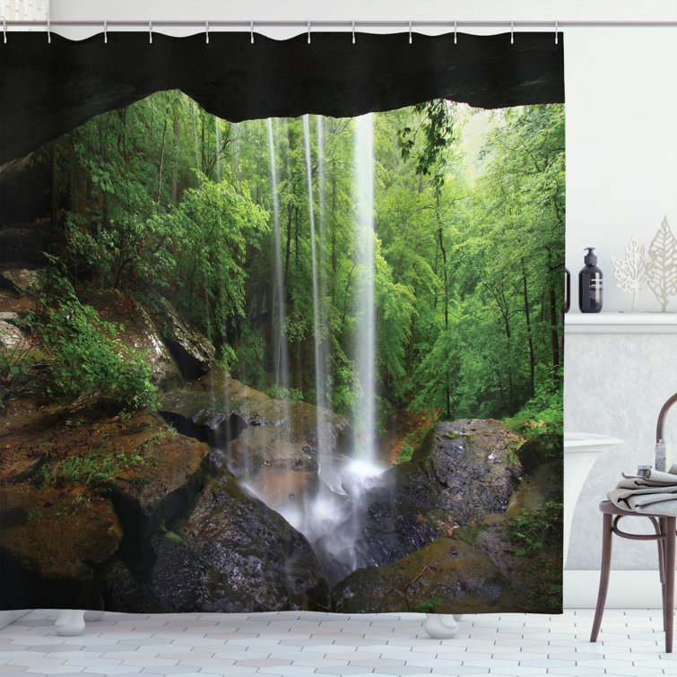 Image of Waterfall Trees Flowers in Forest Mother Nature Art Shower Curtain Set 