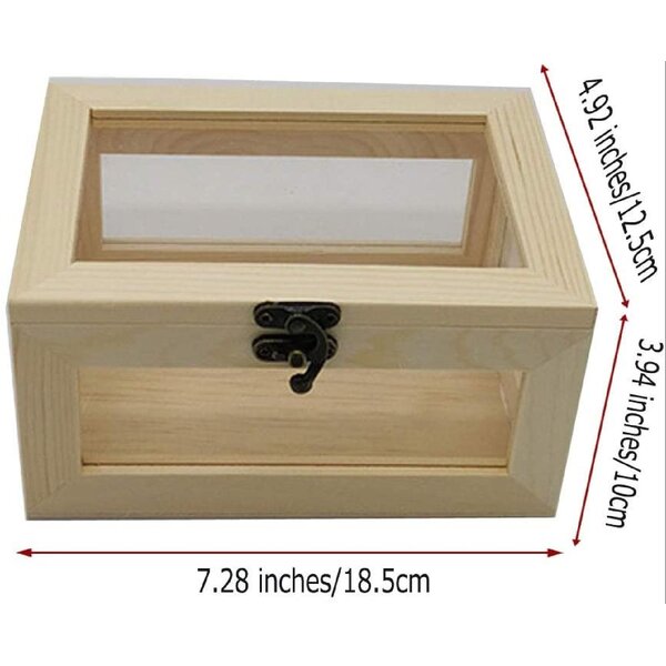 3Pcs Natural Plain Wooden Box Unpainted Lockable Wood Storage Case Glass Top Lid 