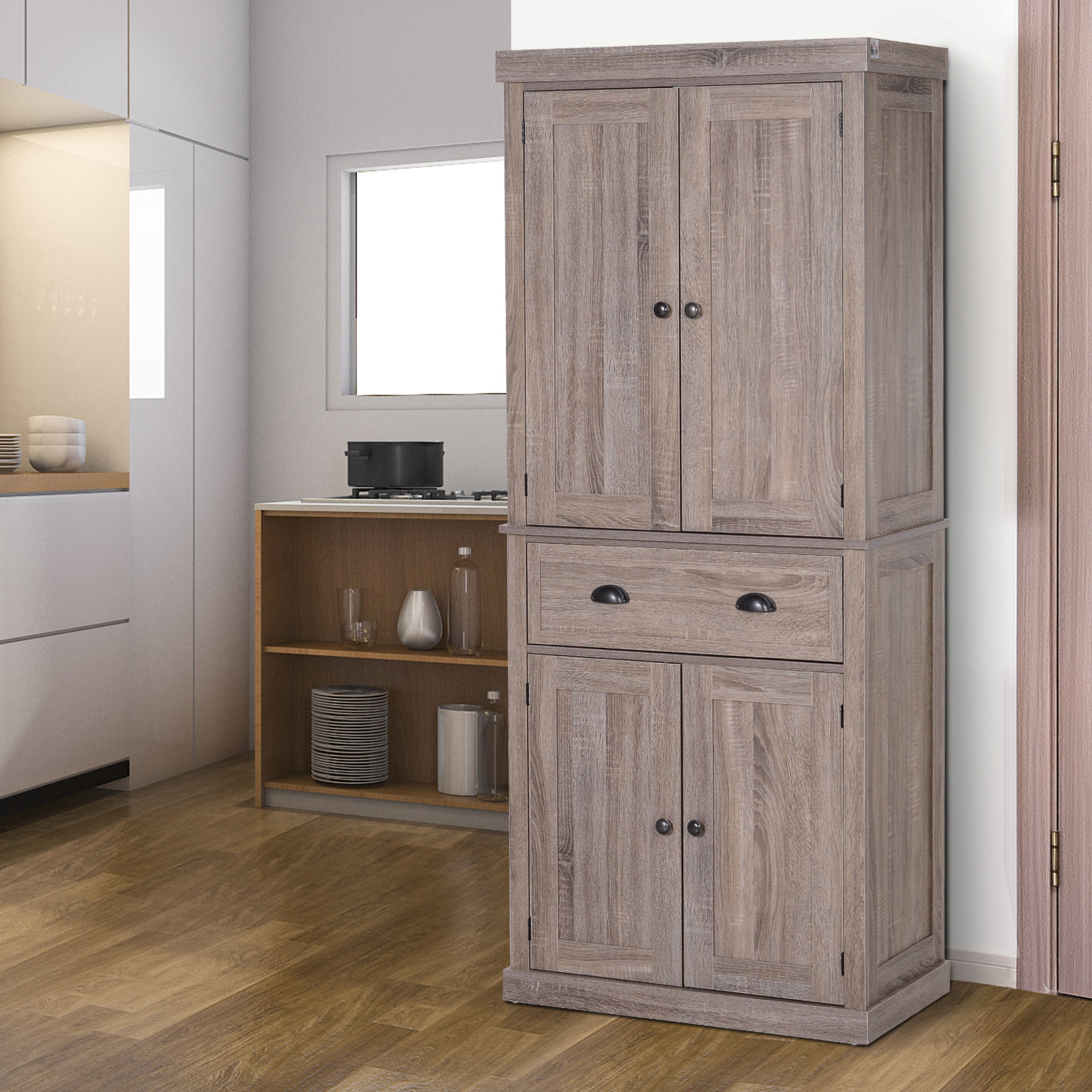 Loon Peak 72 H Traditional Colonial Freestanding Kitchen Bathroom Storage Pantry With 1 Centre Drawer And 2 Cabinets Dark Wood Grain Reviews Wayfair Ca