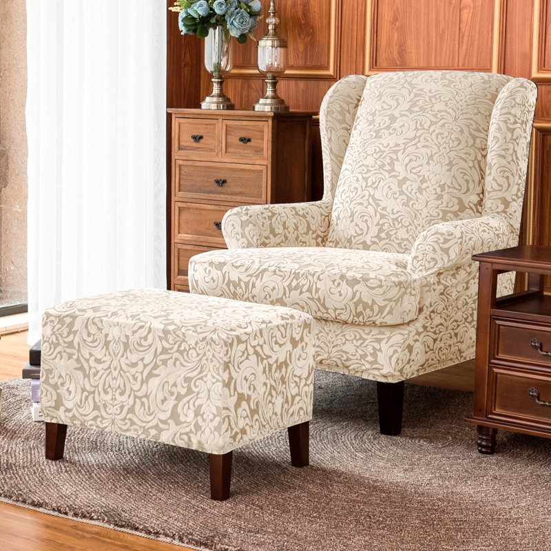 Damask Stretch Box Cushion Ottoman Slipcover