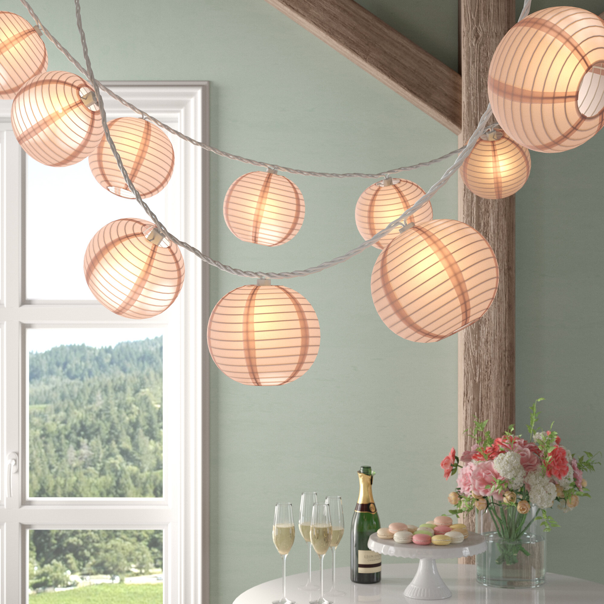 Paper lantern string lights used to decorate the kitchen and living room