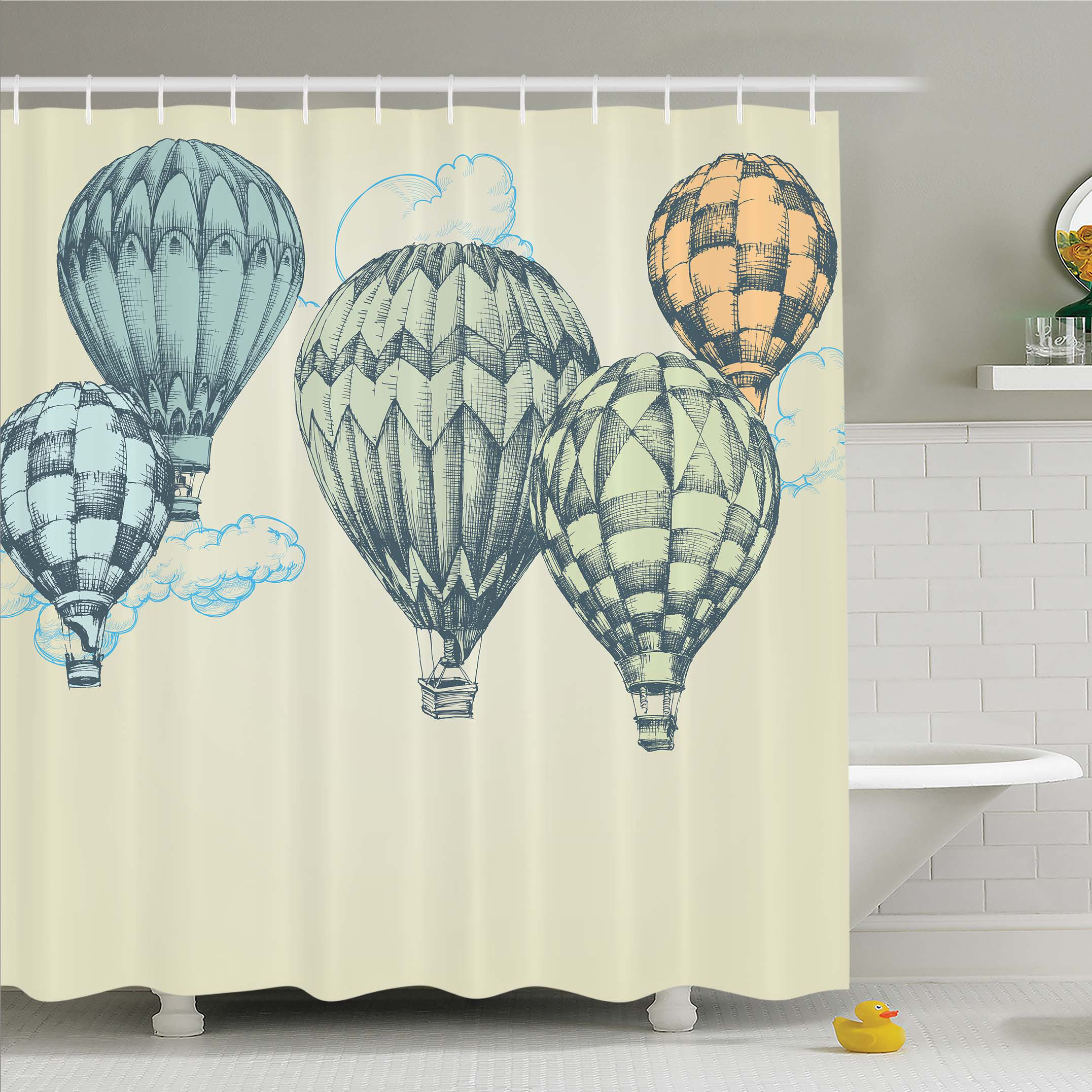 Vintage Hot Air Balloons In Soft Tone Fly Sky Lighter Than High Tourism Artful Shower Curtain Set