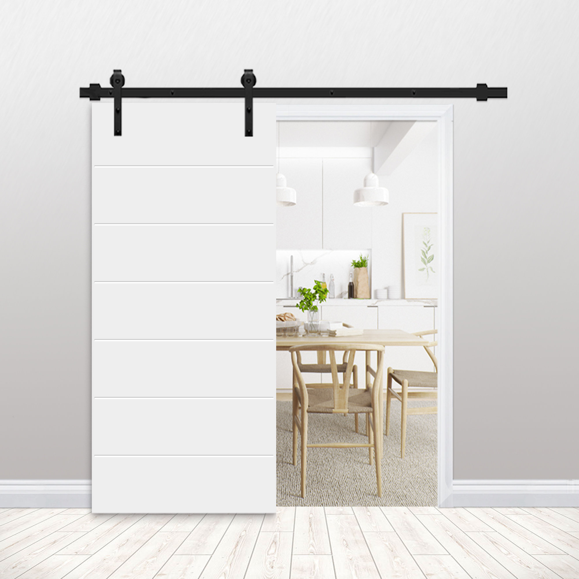 Calhome Paneled Manufactured Wood and Metal Painted Barn Door with