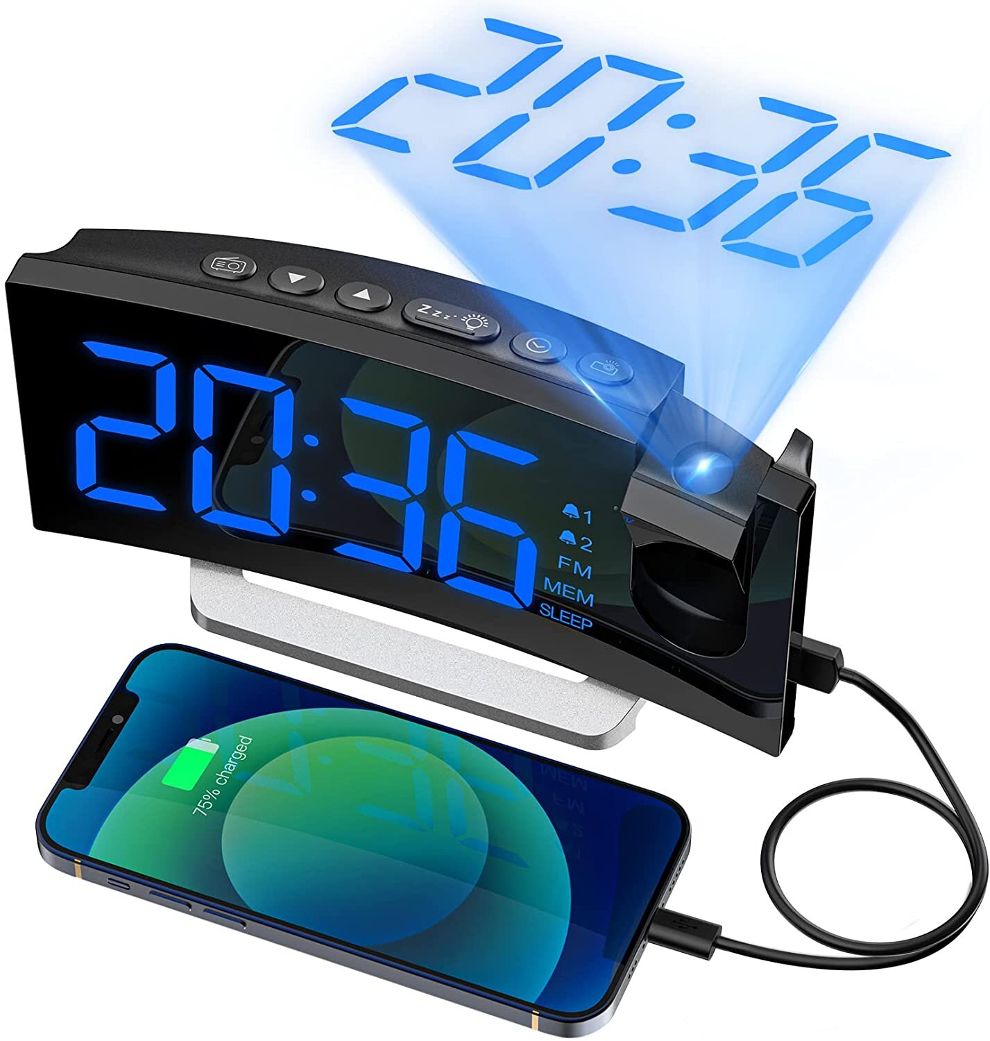 Radio Projection Alarm Clock Bedroom Projection Digital Alarm Clock Large LED Projection Alarm Clock USB Charging Digital Clock 180° Adjustable Brightness Projector A 