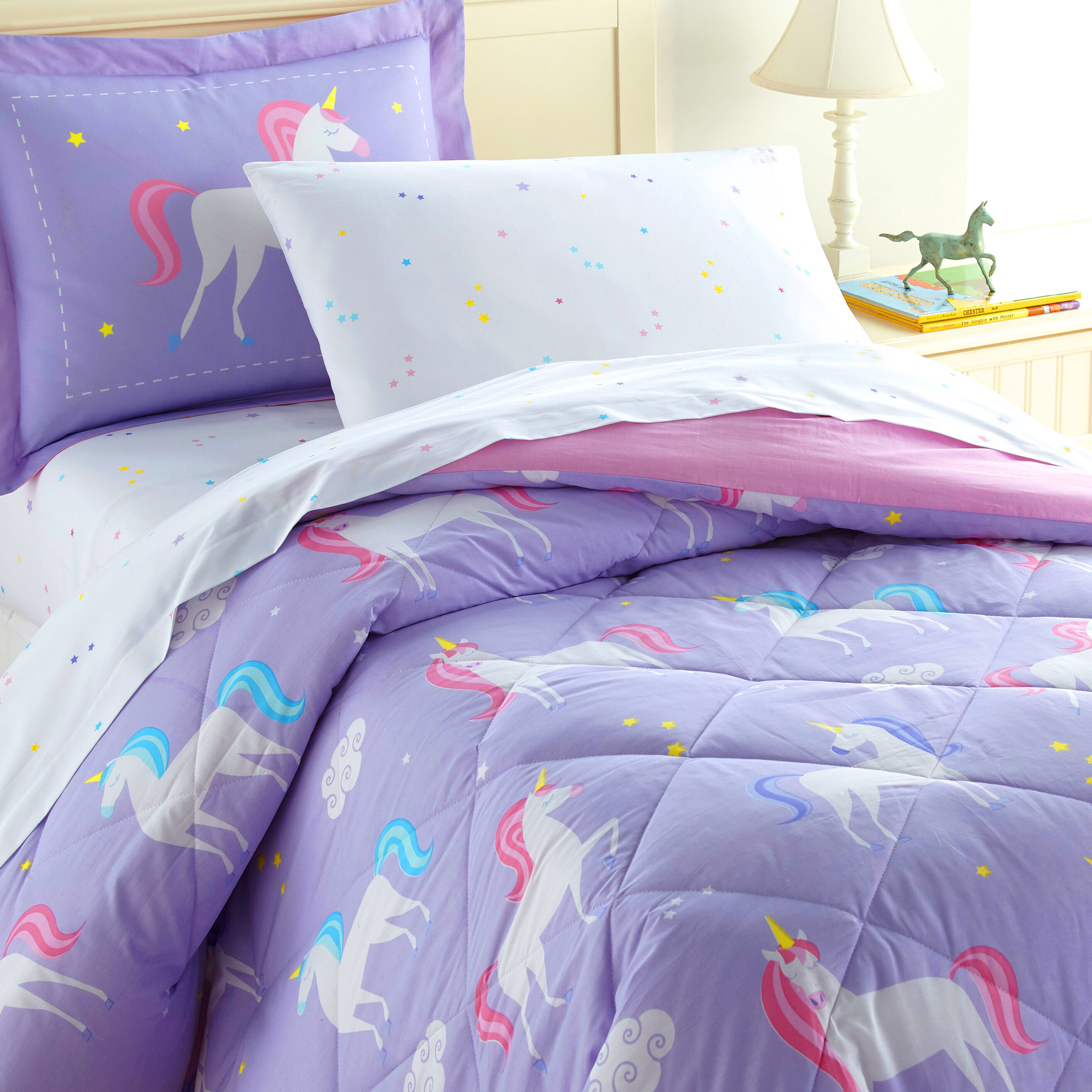 Full Sleepwish Kids Unicorn Comforter Set 3D Gallop Rainbow Unicorn Print Bedding with 2 Pillow Shams and 1 Cushion Cover Unicorn Pattern 4 Pieces Reversible Comforter for Fantasy Girls