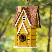 BIRDHOUSE Bright and Cheery Yellow Wood Bird House w/ Embellished Tin Roof 10” 