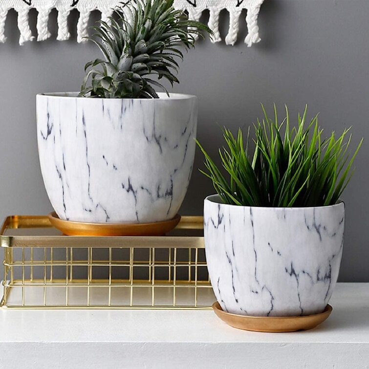 Set of 2 4.5 Inch Mini White Marble Design Decorative Cement Round Planter Pots 