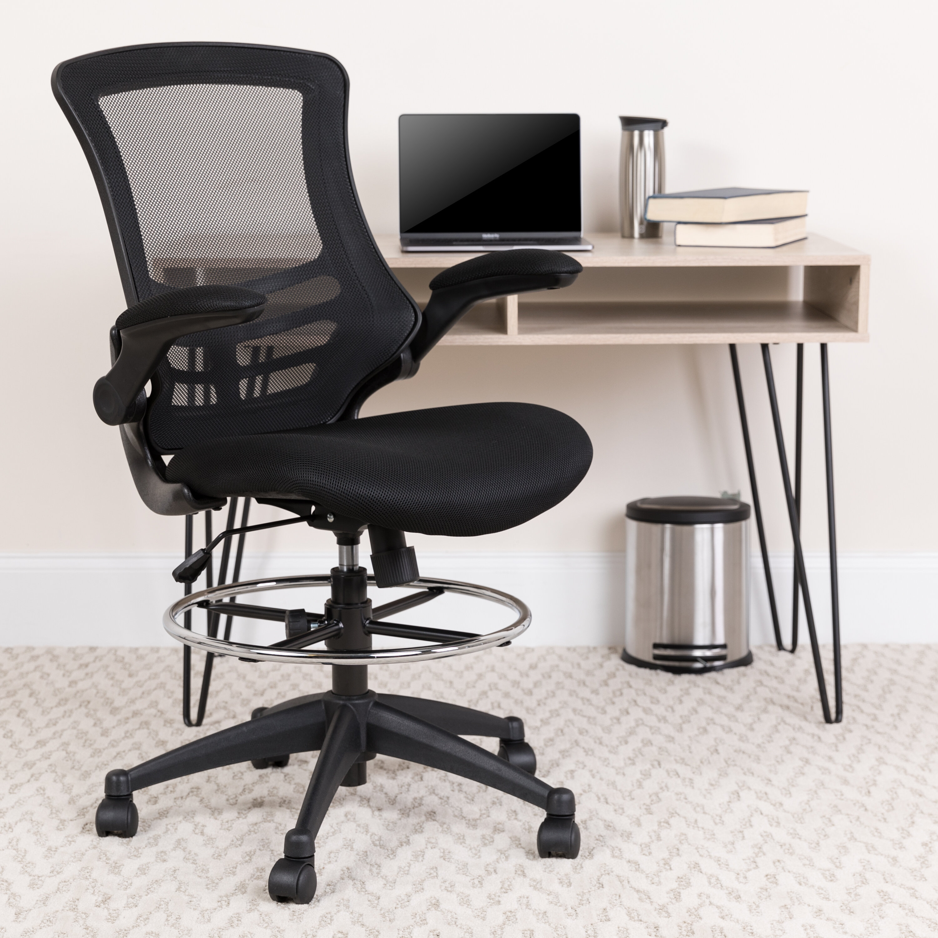 Black Drafting Chair Standing Desk Chair Rolling Chair Mesh Office Chair Height Adjustable Tall Chair Drafting Stool Task Chairs with Ergonomic Footrest Lumbar Support and Flip Up Armrest 